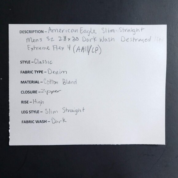 American Eagle Slim Straight Mens Size 28x30 Dark Wash Destroyed Extreme Flex - Picture 7 of 7